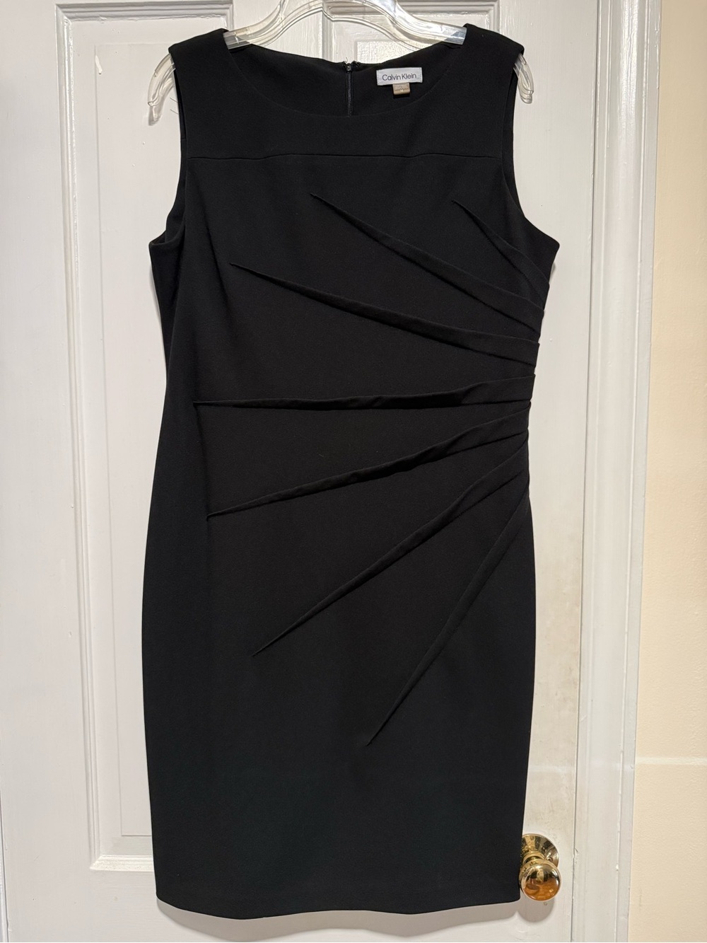 Calvin Klein Black Sleeveless Sheath Dress with Asymmetric Pleat Details